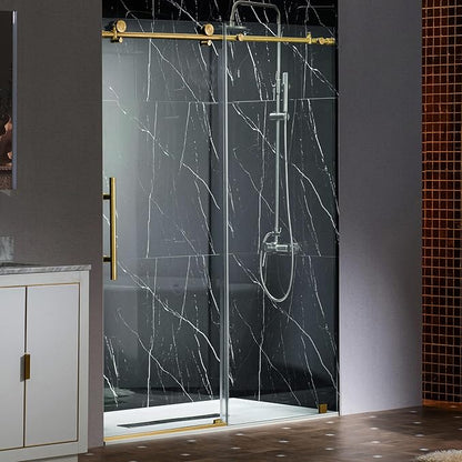 Woodbridge Frameless Single Sliding Shower Doors in Brushed Gold Finish, 45.5-48" Width x 76" Height with 3/8"(10mm) Clear Tempered Glass, Soft Close System and Explosion-Proof Film, BSDC4876-BG