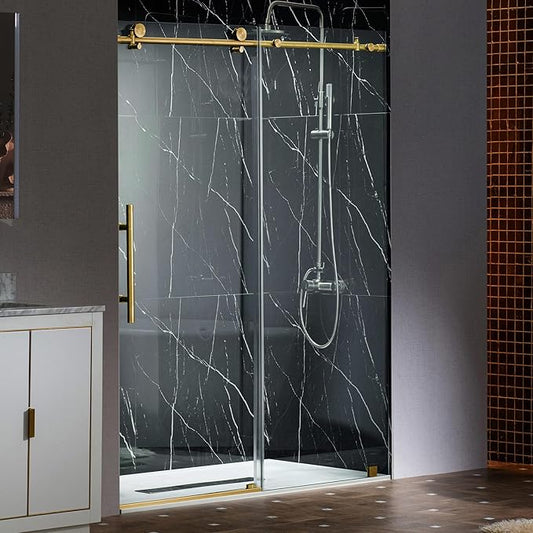 Woodbridge Frameless Single Sliding Shower Doors in Brushed Gold Finish, 45.5-48" Width x 76" Height with 3/8"(10mm) Clear Tempered Glass, Soft Close System and Explosion-Proof Film, BSDC4876-BG