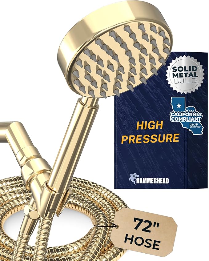 HammerHead Showers® Solid Metal LOW FLOW Handheld Shower Head with Hose and Brass Holder - POLISHED BRASS – Water Saving 1.75 GPM Detachable Shower Head - Adjustable Shower Wand Bracket & 6ft Hose