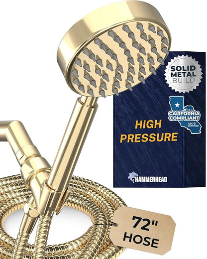 HammerHead Showers® Solid Metal LOW FLOW Handheld Shower Head with Hose and Brass Holder - POLISHED BRASS – Water Saving 1.75 GPM Detachable Shower Head - Adjustable Shower Wand Bracket & 6ft Hose