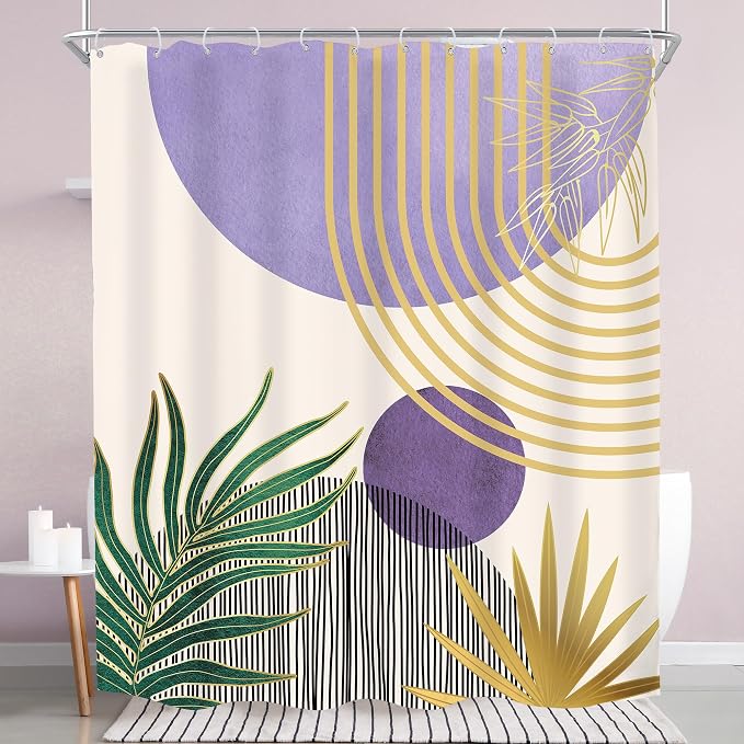Mid Century Purple Green Boho Abstract Modern Bathroom Shower Curtain Set | 60Wx72L Gold design, waterproof HD print with fast-drying fabric and 12 hooks.