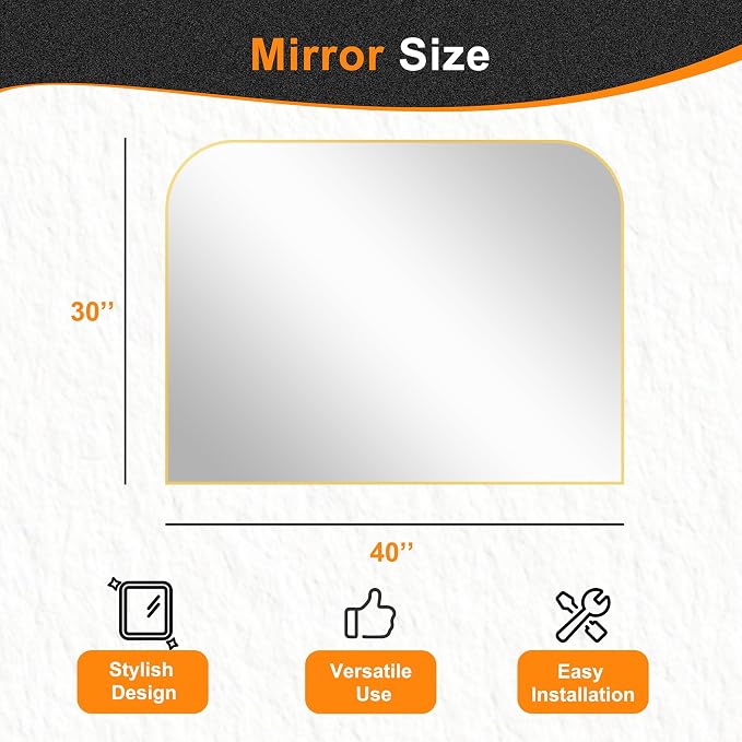 30"x40" Gold Metal Framed Bathroom Mirror for Over Sink | Rounded rectangle shape. Shatterproof HD glass, all mounting hardware for bathroom, bedroom, entryway.