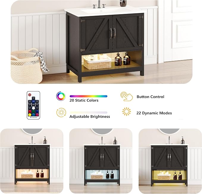 30 Inch Bathroom Vanity with Sink, Pedestal Sink Storage Cabinet with 2 Doors & LED Light, Mid-Century Modern Bathroom Vanity with Open Bottom Shelf, Black