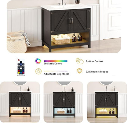 30 Inch Bathroom Vanity with Sink, Pedestal Sink Storage Cabinet with 2 Doors & LED Light, Mid-Century Modern Bathroom Vanity with Open Bottom Shelf, Black