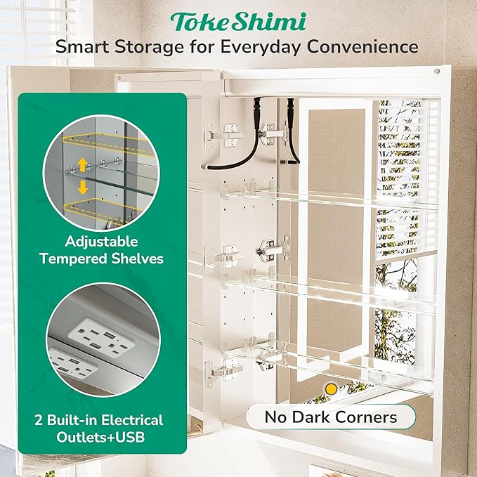 TokeShimi 36x32 Led Recessed Medicine Cabinet with Defogger, Anti-Fog Mirrored Medicine Cabinet with Light and Outlet, Frontlit 3 Colors Dimmable Mirror with Storage for Bathroom Modern