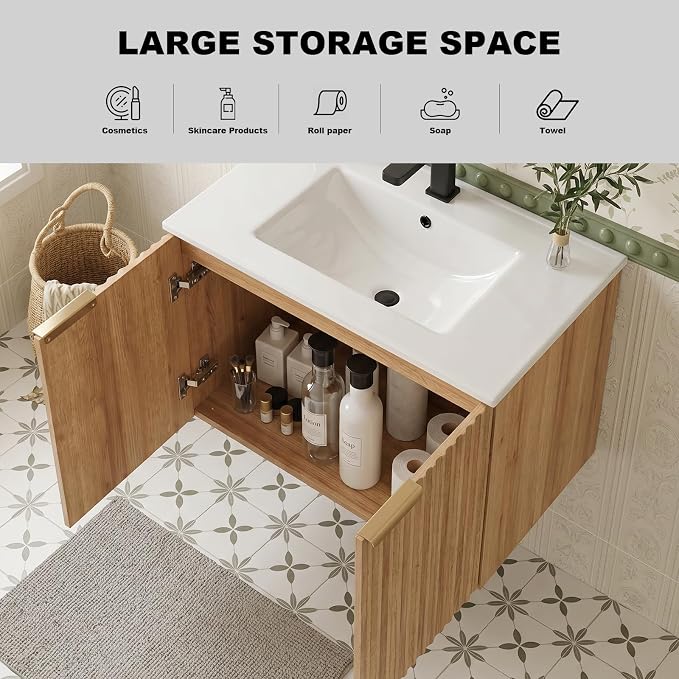 60 Inch Floating Bathroom Vanity with Double Sink, Bathroom Double Sink Cabinet with Soft Close Door Waterproof Storage, Wood Color(wt)