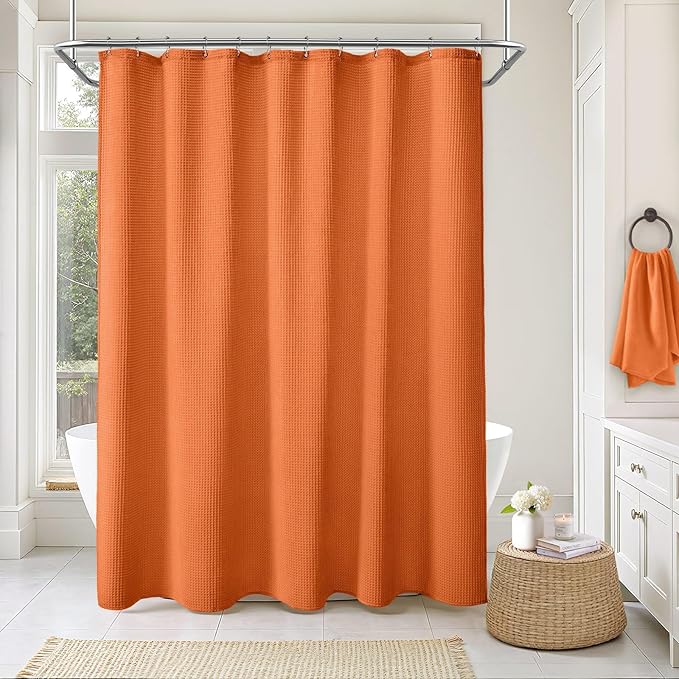 Waffle Weave Shower Curtain - Orange Cotton Fabric Texture Heavyweight Shower Curtains for Bathroom,Washable,72Wx72L