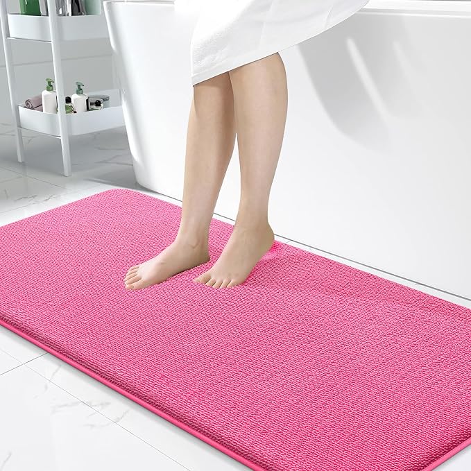 OLANLY Memory Foam Bathroom Runner Rugs 47x24, Absorbent Long Mat, Hot Pink | Soft Quick Dry Bath Rugs, Non-Slip Carpet, Machine Washable Mat for Bathroom Floor, Tub and Shower, Home Decor Accessories