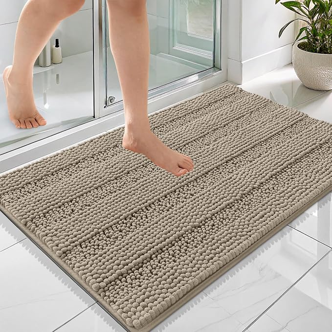 OLANLY Thick Bathroom Rugs 36x24, Chenille Striped Bath Rugs, Warm Taupe | Rubber Backing, Machine Wash, Extra Soft Absorbent Bath Mats for Bathroom Floor, Tub and Shower, Home Decor Accessories