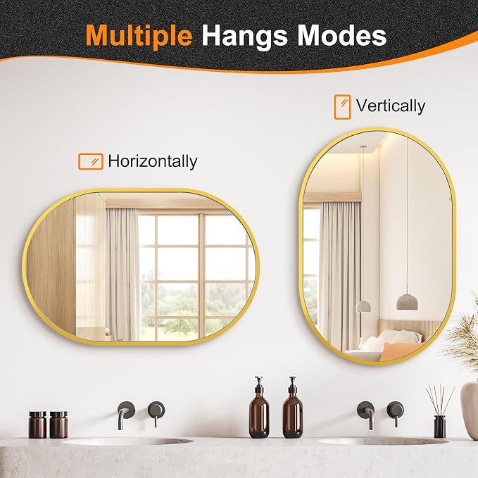 36x24 Gold Oval Bathroom Mirror for Over Sink, Aluminum Frame | HD Reflection No Distortion, Aluminum Frame, Mounting Hardware for Vertical or Horizontal Mount