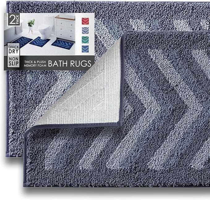 Hearth & Harbor Bathroom Rugs, Shaggy Plush Bath Mat, Ultra Soft Non Slip Backing Rubber, Chevron Design Bath Rug, Blue/Grey, 2 Piece Set