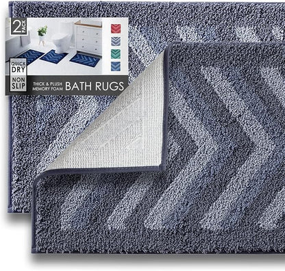 Hearth & Harbor Bathroom Rugs, Shaggy Plush Bath Mat, Ultra Soft Non Slip Backing Rubber, Chevron Design Bath Rug, Blue/Grey, 2 Piece Set