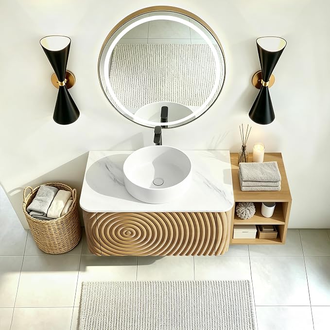 42" Floating Bathroom Vanity with Sink, Mid-Century Wall Mounted Bathroom Vanity Cabinet with Wood Waved Decor,Ceramic Vessel Basin and Sintered Stone Top, Soft Close Drawer, Side Open Cube
