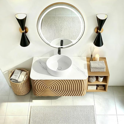 42" Floating Bathroom Vanity with Sink, Mid-Century Wall Mounted Bathroom Vanity Cabinet with Wood Waved Decor,Ceramic Vessel Basin and Sintered Stone Top, Soft Close Drawer, Side Open Cube