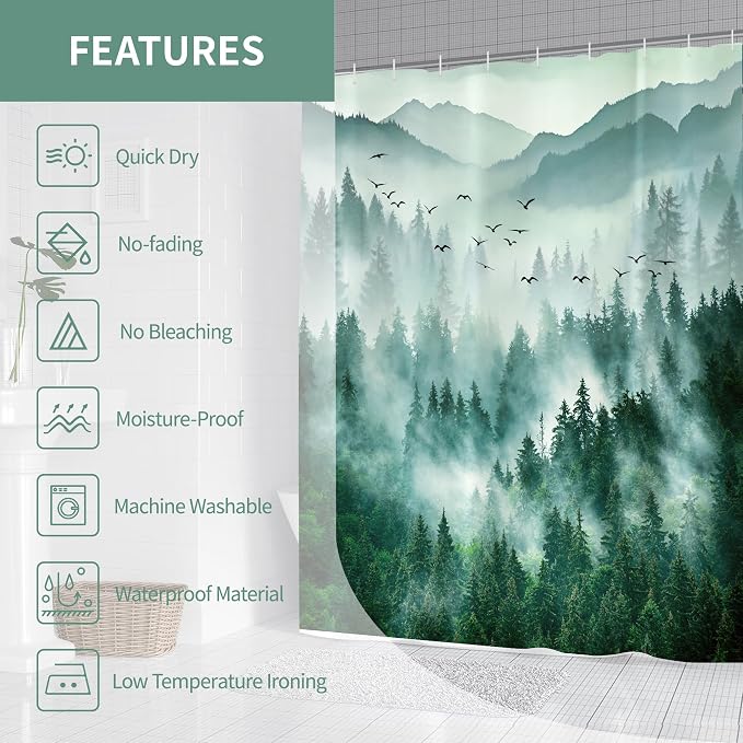 Green Misty Foggy Forest Mountain Shower Curtain for Bathroom 72W*72H Inch Nature Tree Woodland Bathtub Decor Pine Tree Natural Country Cool Masculine Aesthetic Waterproof Polyester Fabric