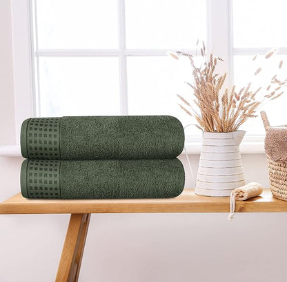 GLAMBURG 100% Cotton 2 Pack Oversized Bath Towel Set 28x55 Inches, Ultra Soft Highly Absorbant Compact Quickdry & Lightweight Large Bath Towels, Ideal for Gym Travel Camp Pool - Olive Green