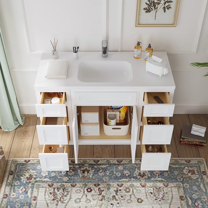 HomeBeyond 63 Inch Bathroom Vanity Base Only, Single Vanity Cabinet with Dove-Tailed Drawers, Soft-Closing Doors, White, Without Top,Small