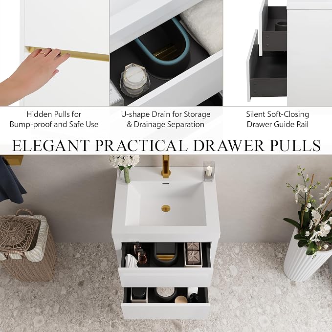Modern 24" Wall-Mounted Bathroom Vanity with Sink | Floating Storage Cabinet, Stone Resin Countertop, Soft Close Drawers | Glossy White