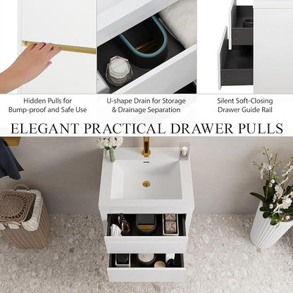 Modern 24" Wall-Mounted Bathroom Vanity with Sink | Floating Storage Cabinet, Stone Resin Countertop, Soft Close Drawers | Glossy White