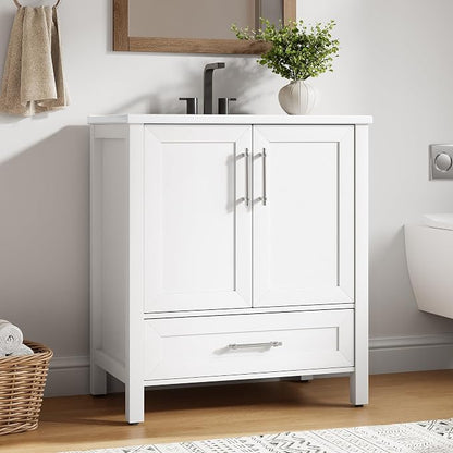 IDEALHOUSE 30" Bathroom Vanity with Sink, Freestanding Wooden Bathroom Vanity Cabinet with Soft-Closing Door and Metal Handle, Modern Floor Standing Storage for Small Spaces,White | White Bathroom Vanity With Sink & Adjustable Foot, Storage Cabinet Wit...