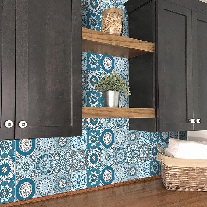 Easy Peel Stick Vinyl Moroccan Tile Decals 4x4in Stick on backsplash,24Pc | Waterproof&heat resistant tile stickers for kitchen RV laundry backsplash decor,remove no damaging,cyan mandala pattern