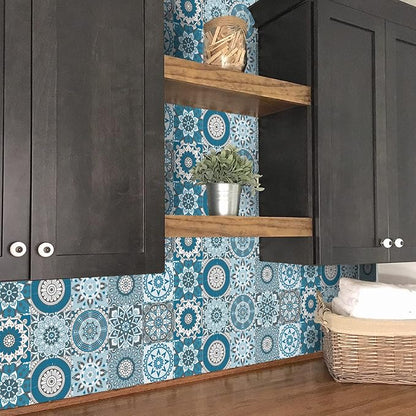 Easy Peel Stick Vinyl Moroccan Tile Decals 4x4in Stick on backsplash,24Pc | Waterproof&heat resistant tile stickers for kitchen RV laundry backsplash decor,remove no damaging,cyan mandala pattern