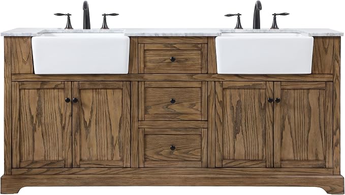 72" Pre-Assembled Bathroom Vanity with Sink, Solid Birch and MDF, Carrara White Marble Countertop Attached, Double Rectangle Porcelain Sink, 3 Soft-Close Drawers, Driftwood