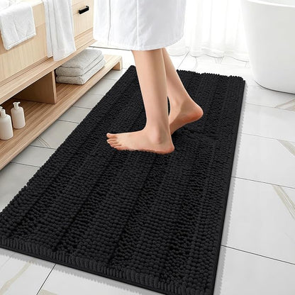 OLANLY Thick Bathroom Runner Rugs 47x20, Soft Chenille Bath Rugs, Black | Absorbent Striped, Rubber Backing, Machine Wash, Long Bath Mats for Bathroom Floor, Tub and Shower, Home Decor Accessories