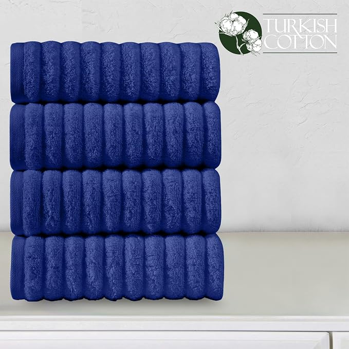 Elegant Comfort Luxury 100% Turkish Cotton Corduroy Ribbed 4 Pack Hand Towel Set 16 x 28 Inch - Absorbent, Super Soft, Quick Dry, Premium Towels for Bathroom, Gym, Spa and Hotel Use, Royal Blue