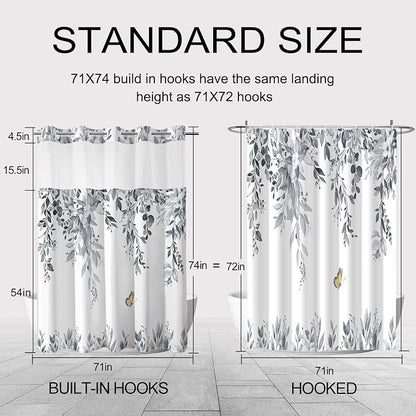 No Hook Shower Curtain and Liner Set, Blue Grey Eucalyptus 71x74 | Floral Design, with Snap in Liner, Waterproof, Machine Washable, Quick-Drying, for Hotel Bathroom