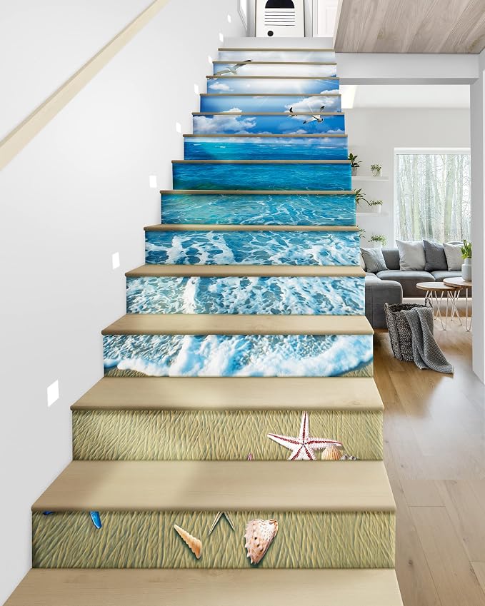 FLFK Sunshine Ocean Beach Stair Stickers - Set of 15, Peel and Stick Stair Riser Decals, 39.3"x7.08"