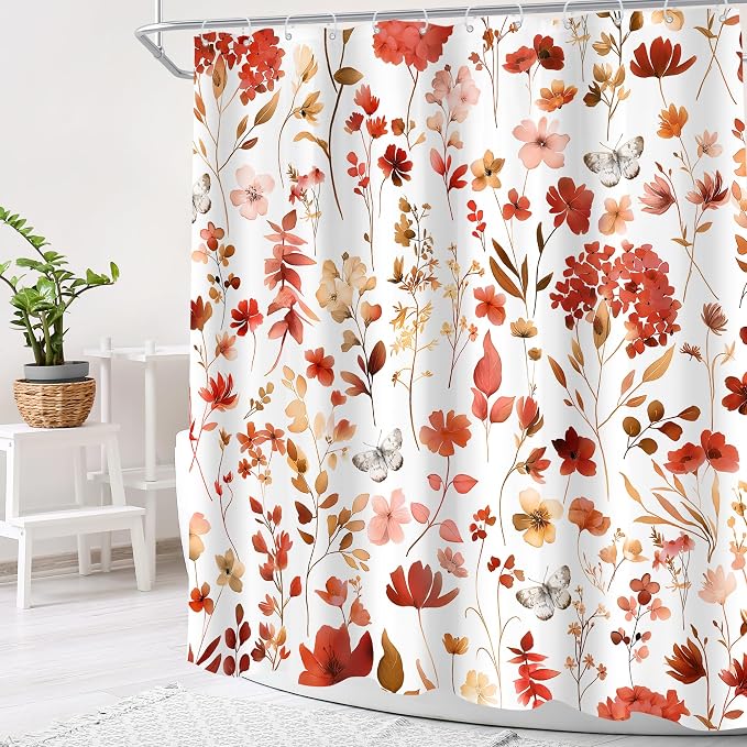 Red Burgundy Fall Autumn Floral Flower Bathroom Shower Curtain Set | 72"W x 72"H Plants Leaves; waterproof HD print, quick-dry fabric and plastic hooks for easy setup.