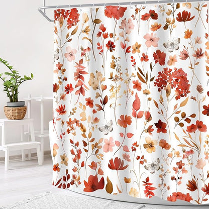 Red Burgundy Fall Autumn Floral Flower Bathroom Shower Curtain Set | 72"W x 72"H Plants Leaves; waterproof HD print, quick-dry fabric and plastic hooks for easy setup.