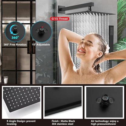 Midanya Shower System with Tub Spout,10 Inch Shower Head,Matte Black | with Valve & Trim Kit,Square Rain Head,Handheld Sprayer,Waterfall Spout,All Metal Wall Mount Bathroom Shower Tub Faucet Set