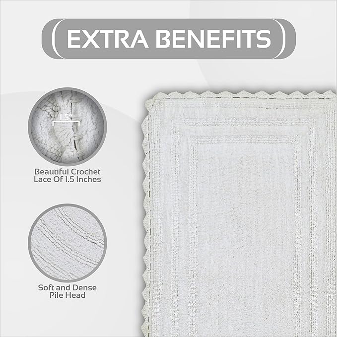 Better Trends Lilly Crochet 21x34 Reversible Bath Rugs and Bath mats for Bathroom, Luxurious 100% Cotton Bath Rug & Water Absorbent Bathroom Mat - White Bath Matt