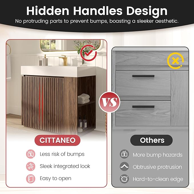 36" Bathroom Vanity with Sink, Freestanding Single Sink Bathroom Vanity with White Engineered Stone Top & Open Side Storage, Soft-Closing Doors with Adjustable Shelf, Walnut