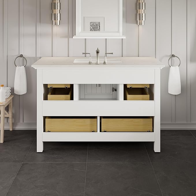 Eviva Britney 42 Inch Vanity with Top - White 42 Bathroom Vanity with Sink and Countertop White Carrara Quartz & Porcelain Sink Combo for Bathroom Sink Cabinet