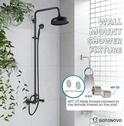 gotonovo Exposed Shower System Wall Mount,Oil Rubbed Bronze,Metal Handheld | 8” Rain Shower Head Faucet Set Fixtures,2 Function,Two Cross Handle,Height Adjustable,for 5-6.7" Hole,Indoor Victorian Retro