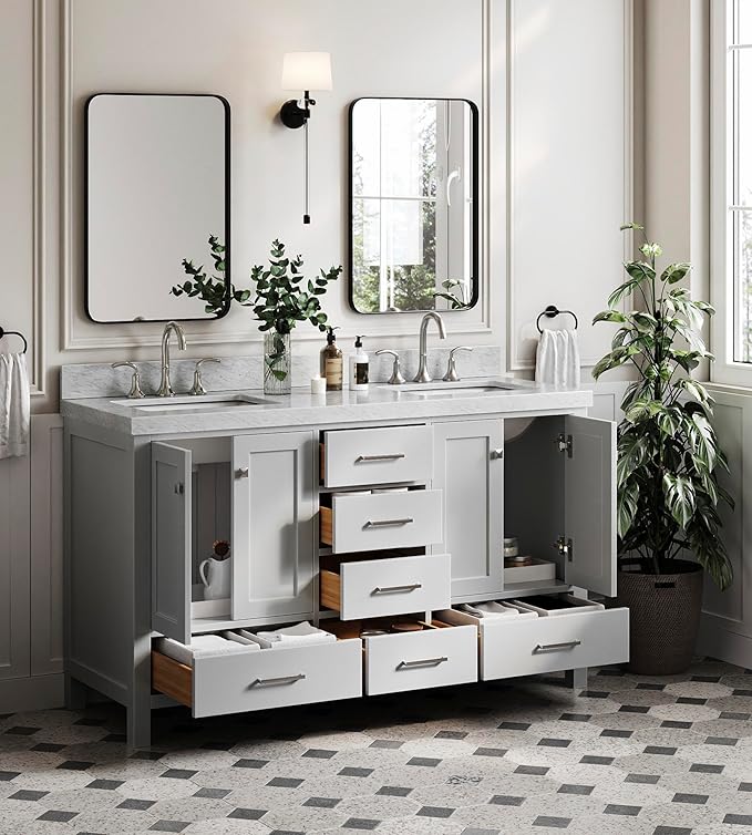 ARIEL Cambridge 60-inch Bathroom Vanity with Sink,Solid Wood, 2-inch Italian Carrara Marble Countertop, Double Rectangular Porcelain Sink, 4 Soft Closing Doors, 6 Dovetail Drawers, Grey