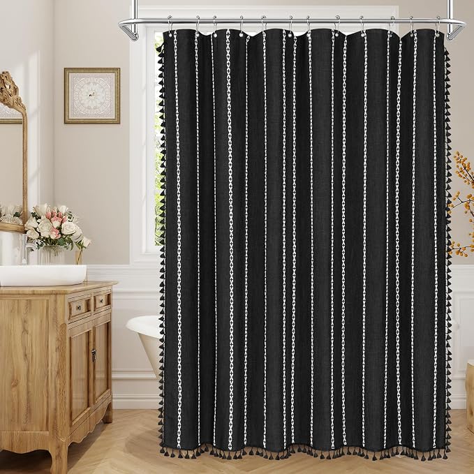 Boho Striped Tassel Linen Shower Curtain,3D Embroidery Stripe Black,54x72 | Wide Stall,310GSM Linen Texture Heavy Duty Cloth,Water Repellent,Chic Cottagecore French Rustic Farmhouse,Wrinkle Resistant