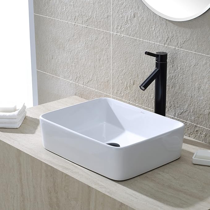 Kraus KCV-121-ORB White Rectangular Ceramic Sink with Pop Up Drain, Oil Rubbed Bronze
