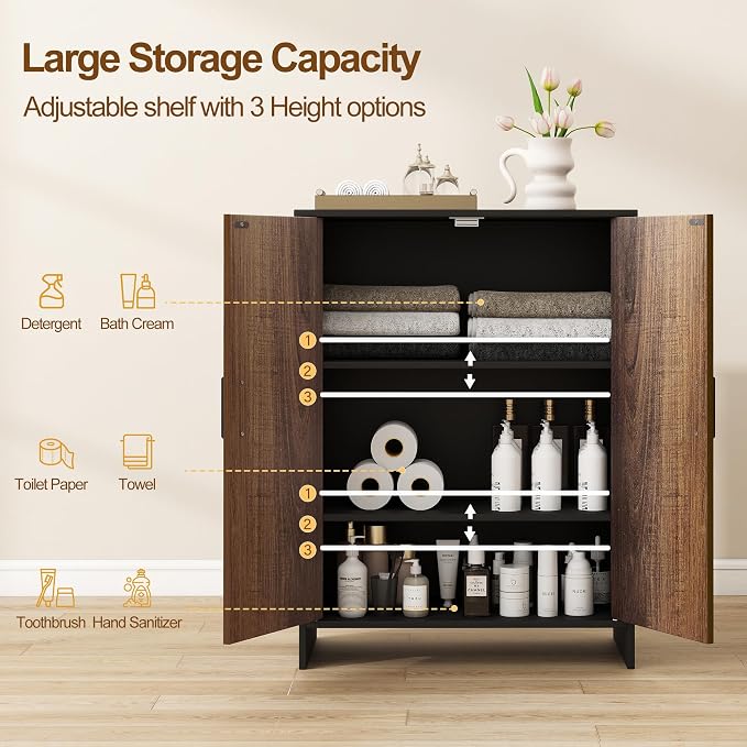 Bathroom Storage Cabinet, Floor Cabinet with 2 Fluted Doors and 2 Adjustable Shelves Wooden Freestanding Organizers and Storage, Black