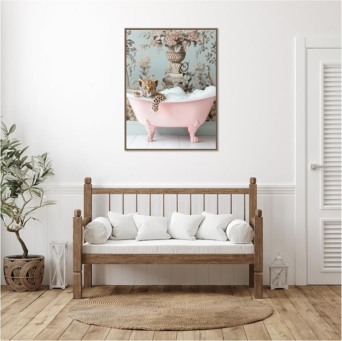 Amanti Art Framed Canvas Wall Art 42x32 Leopard Pink Bubble Bath by Niky Rahner, Framed Wall Art Canvas, Animals Artwork, Traditional Decor, Oversize Poster Painting for Living Room, Bedroom, Bathroom