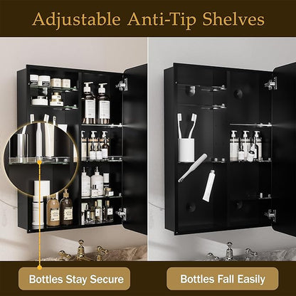 Medicine Cabinet with Mirror 20x30 Inch, Black Aluminum Bathroom Cabinet Recessed or Surface Mount, 8 Adjustable Shelves with Anti Tip Acrylic Guards, Rust Proof Wall Mirror for Vanity