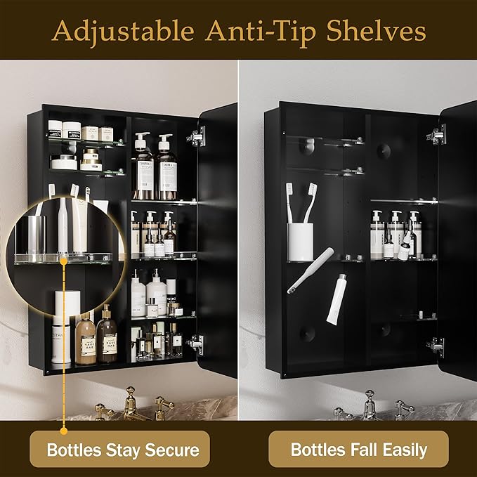 Medicine Cabinet with Mirror 16x24 Inch, Black Aluminum Bathroom Mirror Cabinet with Storage, 8 Adjustable Shelves Including 2 Anti-Tip Acrylic Boards, Recessed or Surface Mount, Soft Close