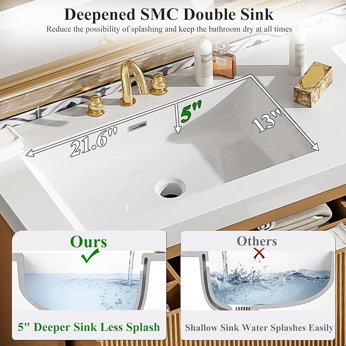 60" Bathroom Vanity with Sink Combo, Floating Double Sink Bathroom Vanity with SMC Resin Top, MDF Cabinet with 4 Drawer, Wall-Mounted Bath Room Vanities for Large Bathrooms (60''-Wood-4)