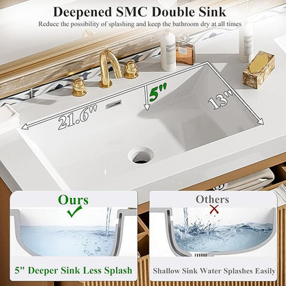 60" Bathroom Vanity with Sink Combo, Floating Double Sink Bathroom Vanity with SMC Resin Top, MDF Cabinet with 4 Drawer, Wall-Mounted Bath Room Vanities for Large Bathrooms (60''-Wood-4)