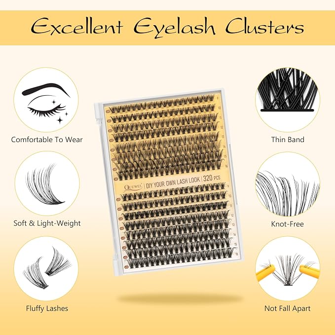 QUEWEL Lash Clusters Kit, 320 Pcs 30D+40D Lash Cluster Eyelash Extensions | 9-16mm Lash Clusters Wispy Kit with Eyelash Clusters Bond and Seal Glue Remover Tweezers (30D+40D Kit)