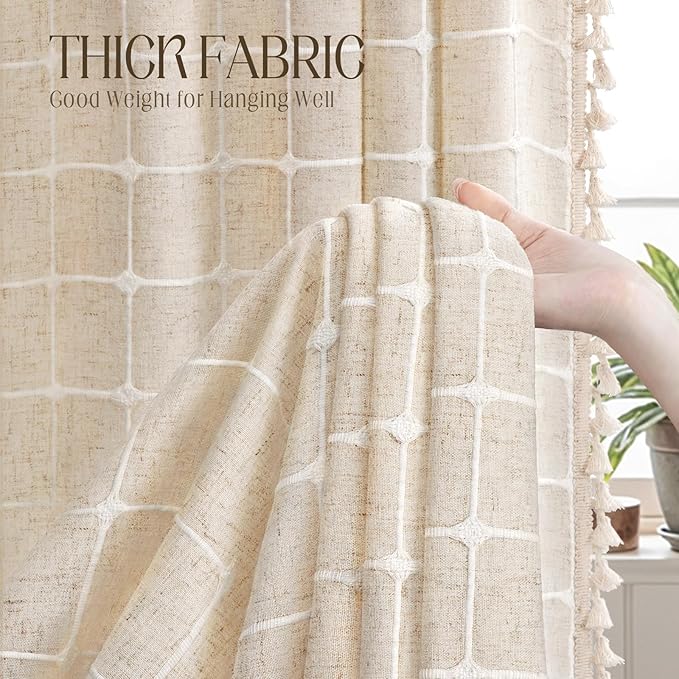 Beige Shower Curtain Linen Texture Farmhouse with Embroidered Plaid Pattern and Boho Tassels for Bathroom,72" W×72" L