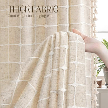 Beige Shower Curtain Linen Texture Farmhouse with Embroidered Plaid Pattern and Boho Tassels for Bathroom,72" W×72" L